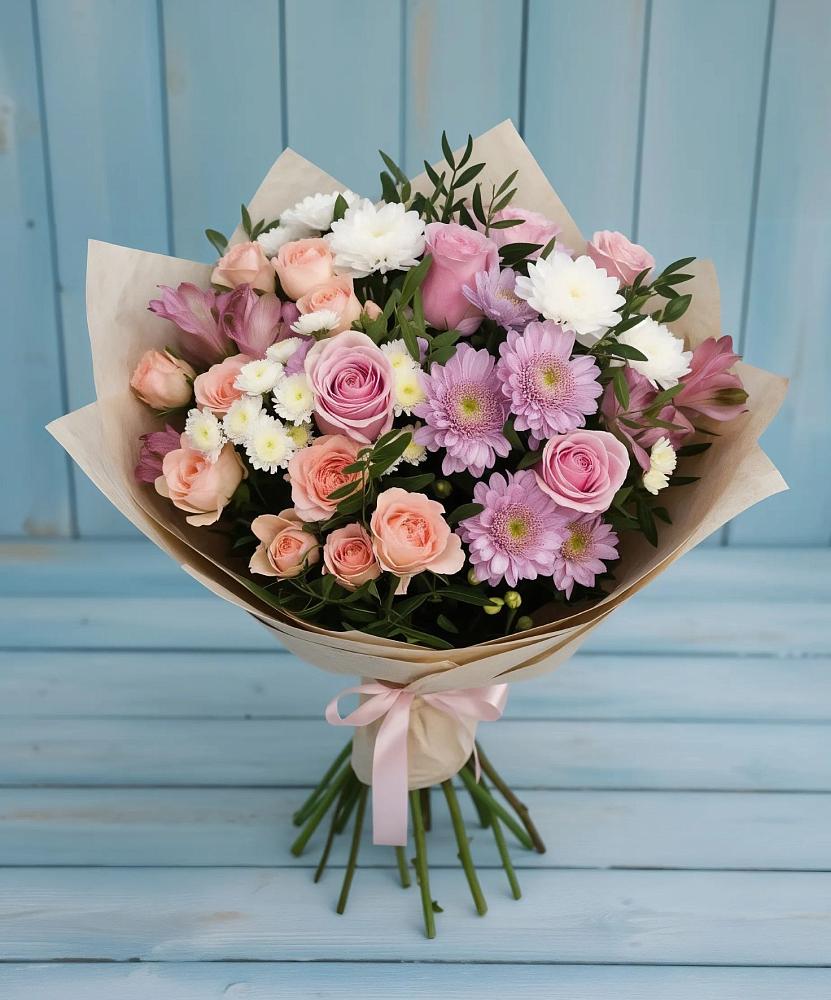 Букет цветов из: Хризантемы, Розы и Альстромерии в Некрасовке Хабаровский край