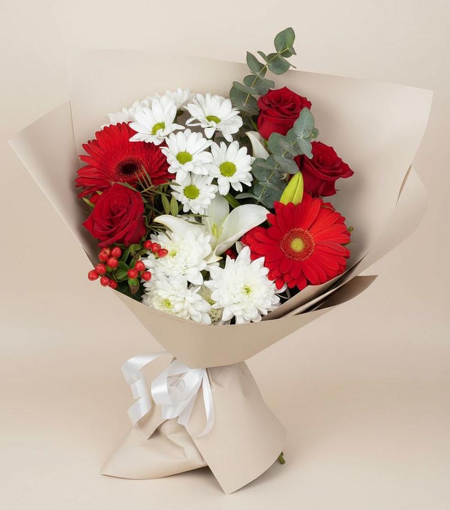 Букет цветов из: Розы, Хризантемы, Герберы и Лилии в Некрасовке Хабаровский край