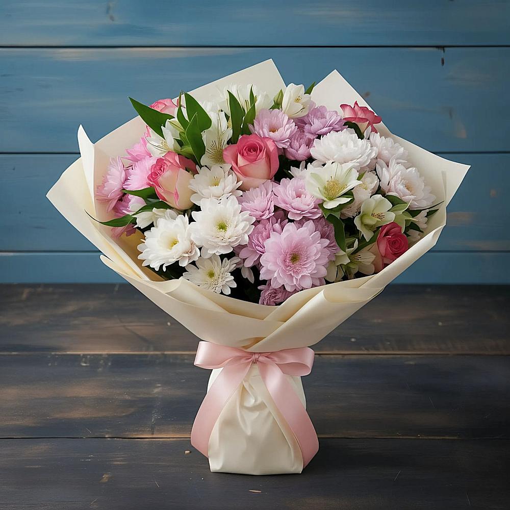 Букет цветов из: Хризантемы, Альстромерии и Розы в Некрасовке Хабаровский край